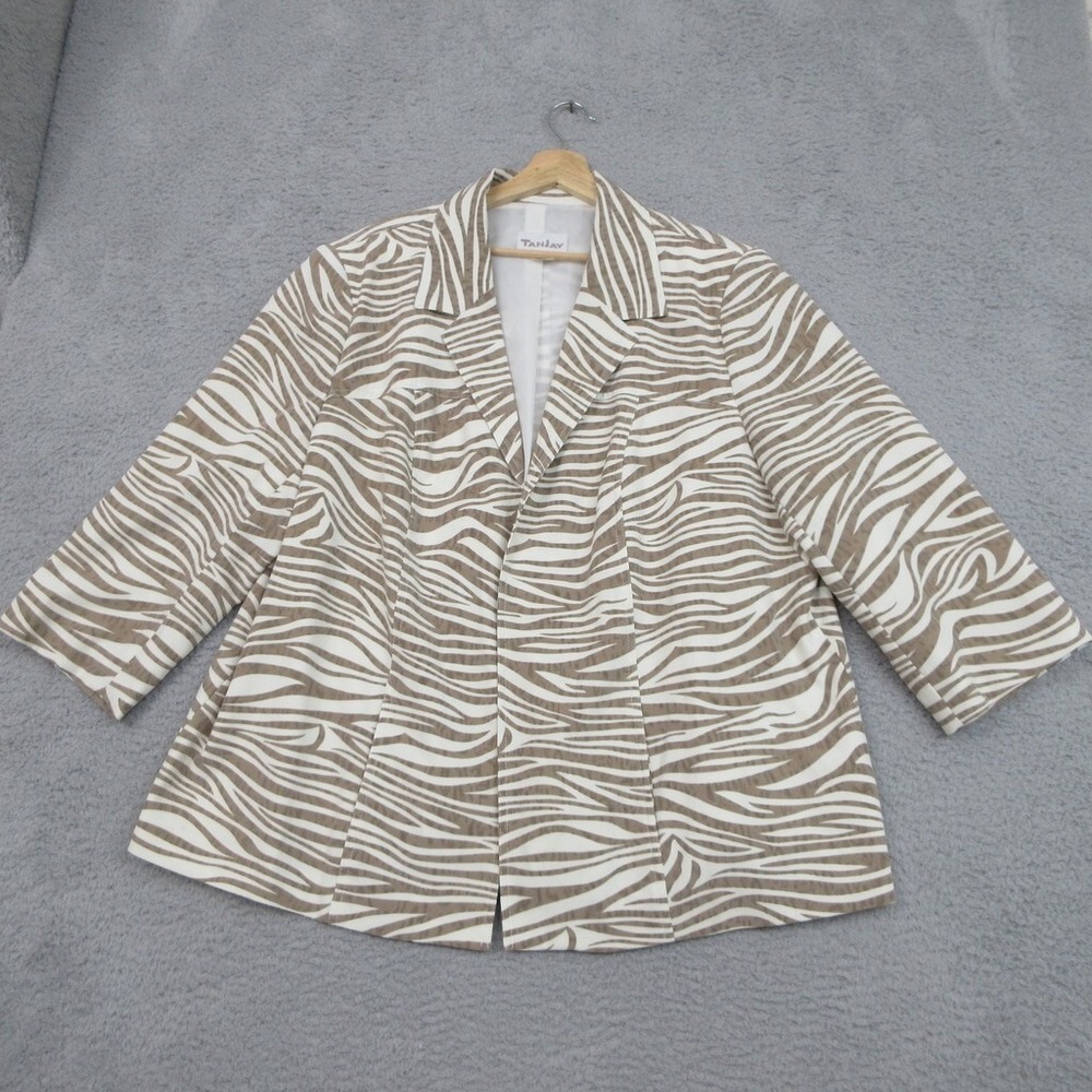 TanJay Blazer Jacket Womens 22W‎ Beige Zebra Print Statement Vintage Y2K Chic